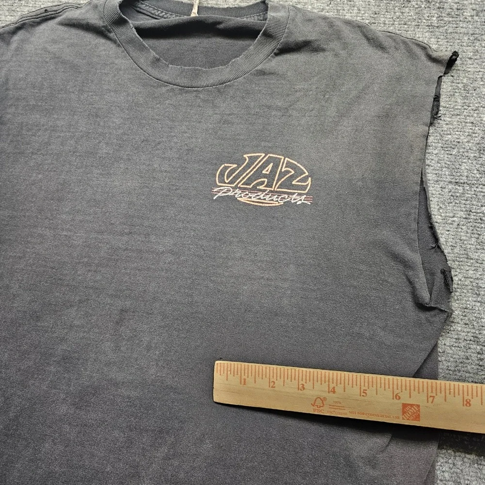 Vintage Jaz Products Muscle Tee Shirt Black Distressed Racing Graphic Large